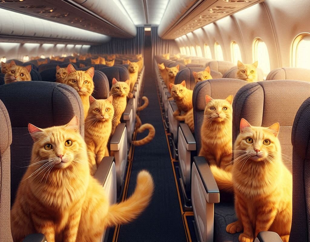 Gatos amarillos viajan en avión